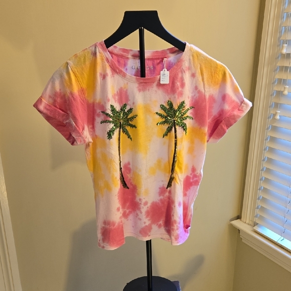 Guess Pink and Yellow Tie-Dye T-Shirt With Sequins - Picture 1 of 4